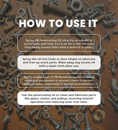 Instructions for using Penetrating Oil Spray Gift Set With Microfiber Cloth For Loosening Rusted Parts And Long-Lasting Lubrication Non-Evaporating Lube For Tools And Equipment Garage Must Have For Quick Fixes, displayed over rusted bolts and nuts background.