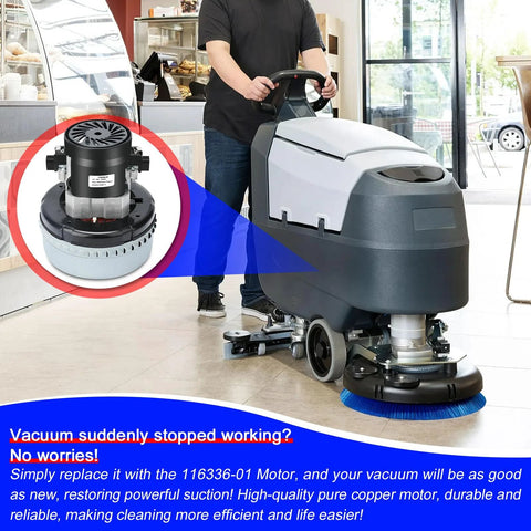 Atsmk 116336-01 120V vacuum motor, 2-stage, front view inset on an industrial floor scrubber