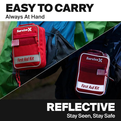 Compact First Aid Kit For Car, Travel And Home With Zip Stitch Wound Closure Strips on backpack, showing reflective material.