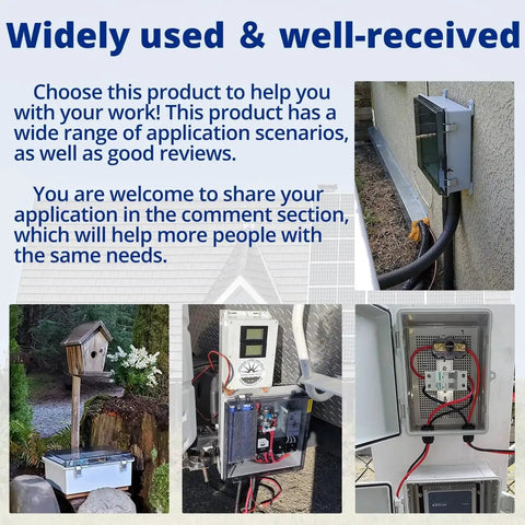 Heavy Duty Outdoor Junction Box Waterproof IP67 Plastic Enclosure with Mounting Plate, shown in various installation settings.