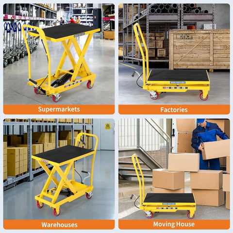 Hydraulic Lift Table Cart 1100 Lb Capacity 10 To 32 In Lift Height With Wheels in various environments like supermarkets and warehouses.