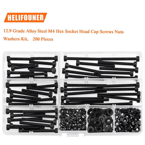 M4 Hex Socket Head Cap Screws Kit With Nuts, Washers And Black Oxide Finish, 200 Pcs, Sizes 30mm, 35mm, 40mm, 45mm, 50mm, Fully Threaded Bolts In 12.9 Grade Alloy Steel, Includes Lock Washers And Flat Washers HELIFOUNER in plastic case.