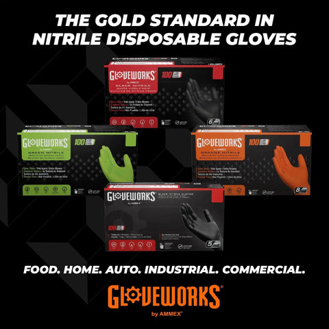Assorted Gloveworks nitrile disposable glove boxes, highlighting different colors and thicknesses for various industrial uses.