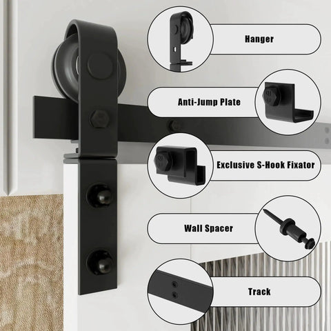 Close-up of Bi-Folding Sliding Barn Door Hardware Kit For Two Doors 40 Inch Rail Low Ceiling Lite Version components.
