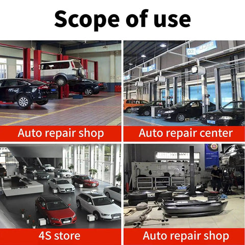 Various auto repair and service centers showing cars on hydraulic lifts and display areas