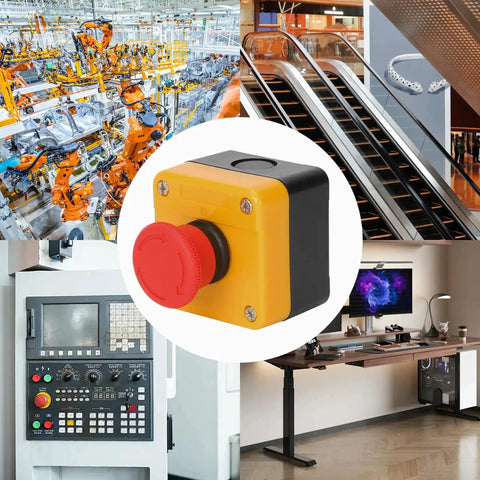 Red Mushroom Head Emergency Stop Push Button Switch With Weatherproof Enclosure, 660V 10A, IP65, in industrial settings collage