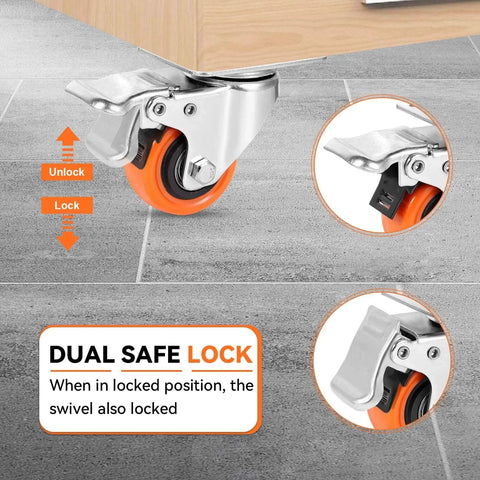 Heavy Duty 2 Inch Plate Caster Wheels Set Of 8 With Brakes 150 Lb Capacity Each Dual Locking Swivel Casters close-up