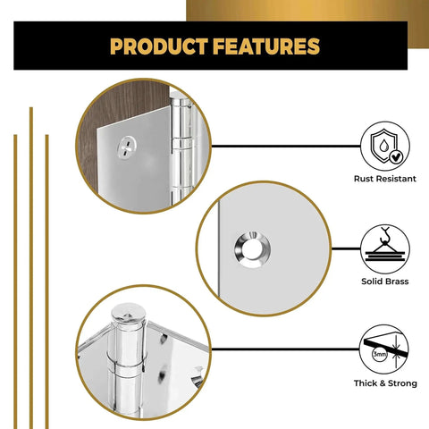 Solid Brass Chrome Door Hinge Heavy Duty Ball Bearing For Slammin Doors 4.5 By 4.5 Inch detail view with rust-resistant features