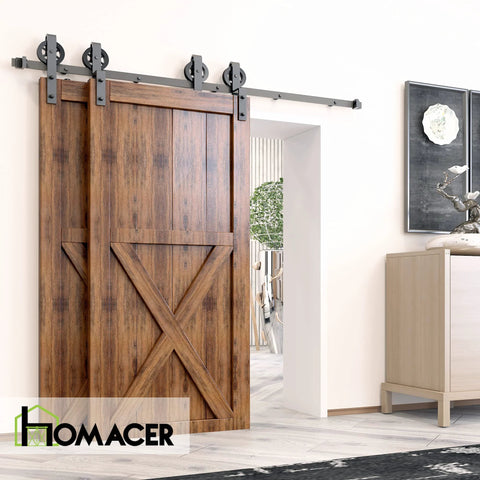 Black Rustic Bypass Sliding Barn Door Hardware Kit For Two Doors, 7 Feet Flat Track With Spoke Wheel Rollers in use