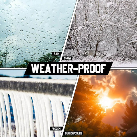 Weather-proof illustration showing conditions like rain, snow, frozen surfaces, and sun exposure.