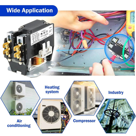 Image showing a 4 Pack 24V One Pole AC Contactor for HVAC Systems, Heavy Duty 40A FLA and 50A RES, used in HVAC and refrigeration setups.
