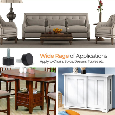 1/4-20 Rubber Adjustable Furniture Levelers, Eight Pack Leveling Feet Screws installed on sofas, tables, and cabinets.