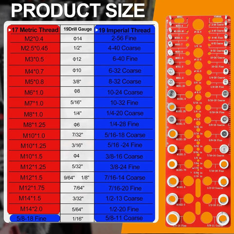 Nut And Bolt Thread Checker For Quick Sizing With 19 SAE Standard And 17 Metric Thread Sizes Plus 19 Drill Bit Gauges