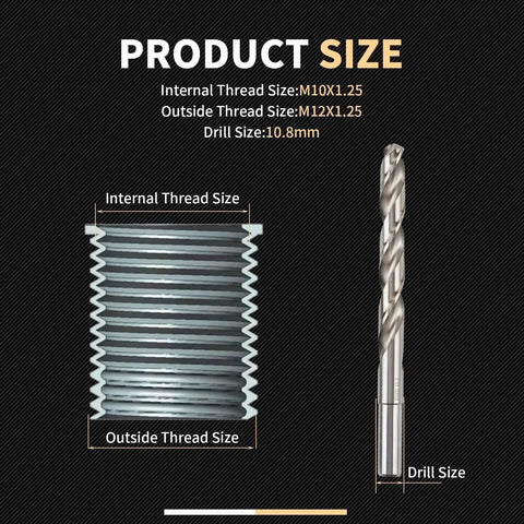 Pro Grade Stainless Steel M10x1.25 Thread Repair Kit With 14mm Inserts, close-up of thread size and drill bit.