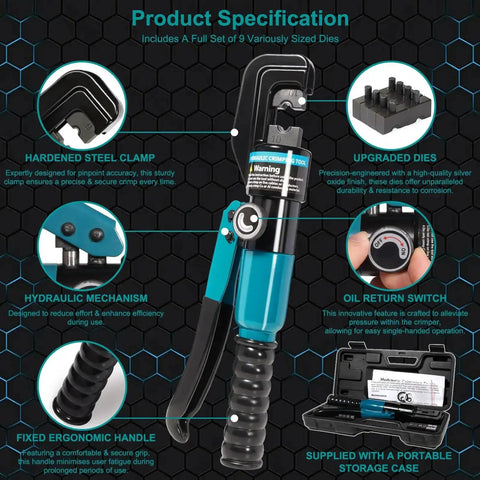 Pro Grade 10 Ton Hydraulic Crimping Tool With 9 Dies For Battery Cables And Wire Rope Crimper For 12 AWG To 2/0 AWG