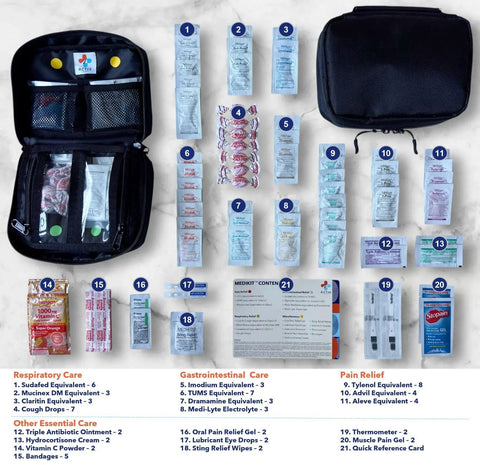 Grab And Go Travel Medical Kit with 20 essential medications open showing unit-dose packets for pain, cold, allergy, and more.