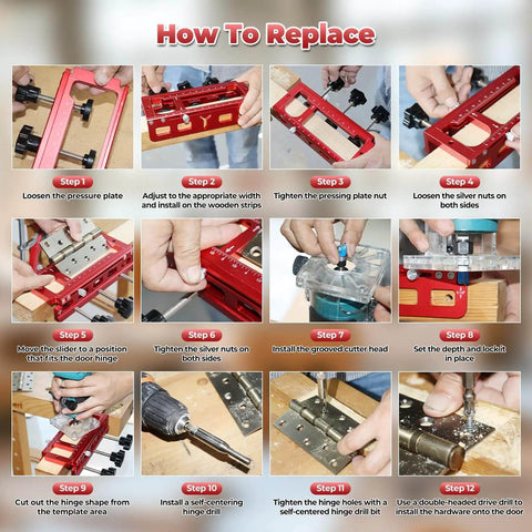 Step-by-step guide using Adjustable Aluminum Door Hinge Mortise Jig Kit With Dual Clamps for precise hinge positioning.