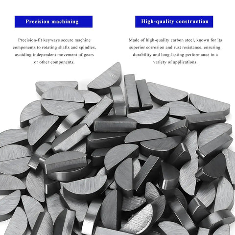 Top view of Woodruff Key Assortment Kit 120 Pieces In 10 Sizes Carbon Steel Half Moon Keys for mechanical projects.