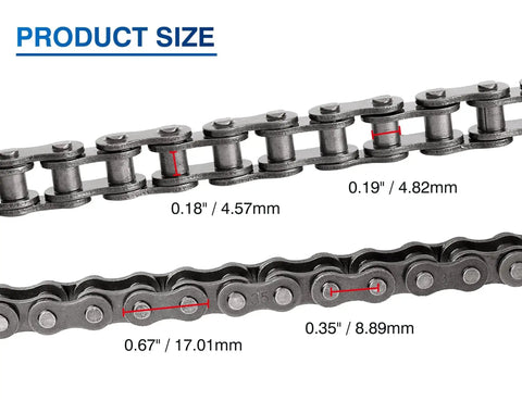 Close-up of 35 Roller Chain 10 Feet 320 Links showing dimensions, made from 40Mn carbon steel, suitable for go-karts and machinery.
