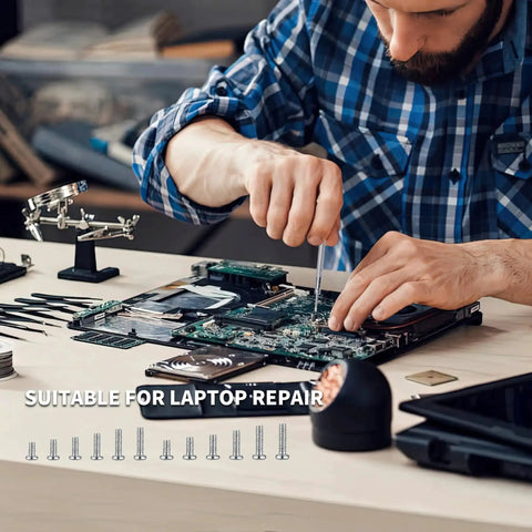 Man using Bulk 500 Pcs Laptop Screws Set In M1.2 M1.4 And M2 Tiny Micro Screws for electronics and DIY computer repair