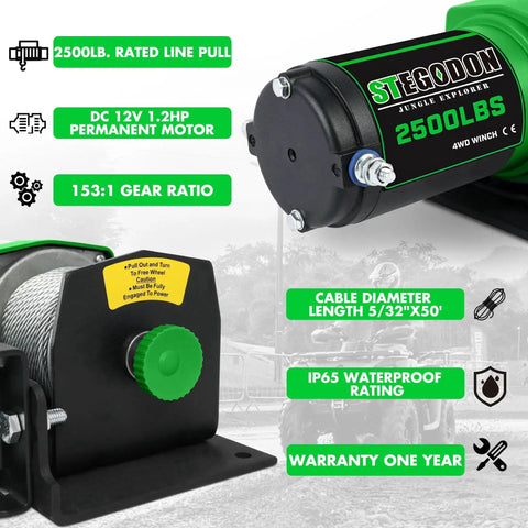 Stegodon 2500 lb 12V electric winch with steel cable; front view