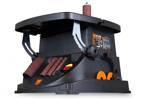 Powerful Heavy Duty Oscillating Belt And Spindle Sander With Four By Twenty Four Inch Belt And Drums From One Half To Two Inches Three And A Half Amp Motor Belt Speed Up To Fifteen Hundred Seventy Five Feet Per Minute Spindle Up To Two Thousand RPM front view