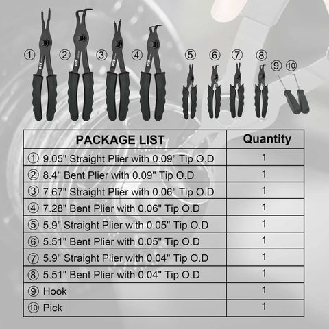 Heavy Duty Snap Ring Pliers Set Pro Grade With 10 Piece Internal And External Circlip Pliers Including Bent And Straight Tips Plus Hook And Pick Storage Case And Gloves For Easy Ring Removal package list and tool lineup