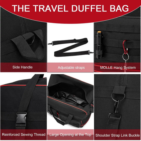 Collage of Tactical Foldable Travel Bag With Wheels featuring side handle, straps, MOLLE system, open top, shoulder buckle, by Seyfocnia