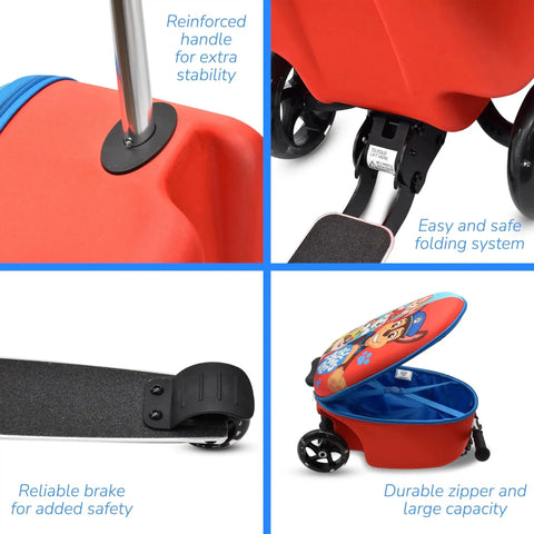 Close-up of Kids Ride On Suitcase Scooter Luggage features: reinforced handle, folding system, reliable brake, and Paw Patrol design