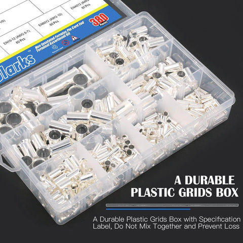 380 Pcs Wire Ferrule Kit With Eight Sizes From AWG 12 To 2/0 Copper Silver Plated Crimp Connectors in clear plastic box