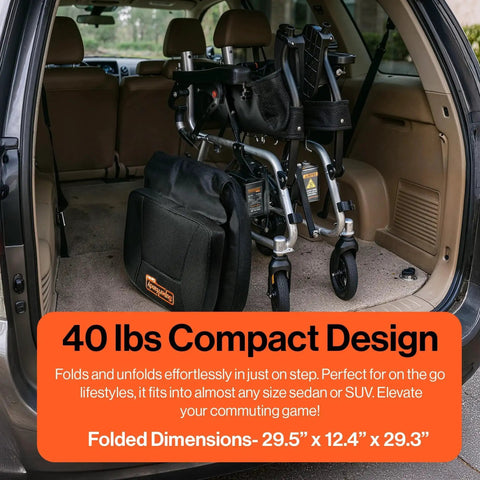 SuperHandy GoRide electric wheelchair, black foldable frame stored in SUV cargo area.