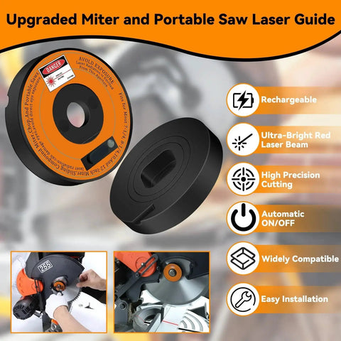 Rechargeable Miter Saw Laser Guide With Type C 15 Minute Fast Charge, black and orange tool, compatibility details shown