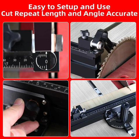 Compact Table Saw Miter Gauge With 360mm Fence And Multifunction Flip Stop For Accurate Woodworking Crosscuts And Angles With 11 Positive Stops Ideal For Repetitive Home Workshop Cuts Fits Three Quarters By Three Eighths Slot in use, showing close-up details of measurement and adjustments.