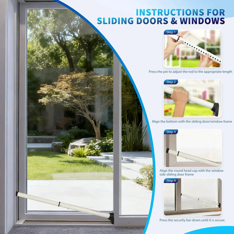 Upgraded 2 In 1 Door And Sliding Window Security Bar Adjustable Heavy Duty Jammer For Apartment Home And Hotel Rooms Travel Ready Fits 18 To 44 Inches Lightweight 2.2 Pound Design Includes 2 Pack White with installation instructions by sliding glass door