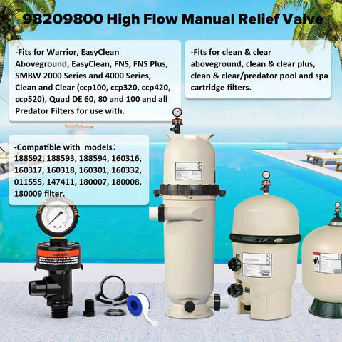 Manual Air Relief Valve For Pool And Spa Filters With Pressure Gauge Replacement Includes Gauge Plug O Rings And Clips No Hassle Easy Install Compatible With Warrior EasyClean FNS Quad DE Clean And Clear And More displayed alongside pool filter and components.