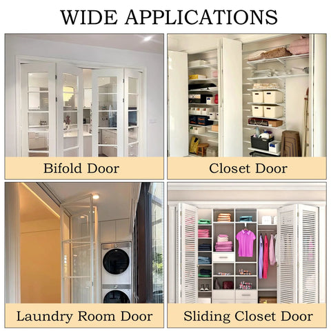 Wide applications of Spring Loaded Bi-Fold Door Top Roller Guide Wheel And Pivot Kit 4 Pack Hardware Repair Kit shown on various doors.