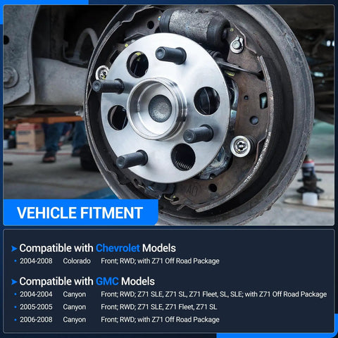 Beefed Up Front Wheel Bearing And Hub Assembly For 2004 To 2008 Chevy Colorado And 2004 To 2008 GMC Canyon RWD With 6 Lug And ABS Front Wheel Hub Kit 2 Pack OEM Grade Replacement For A Smooth Quiet Ride, installed view