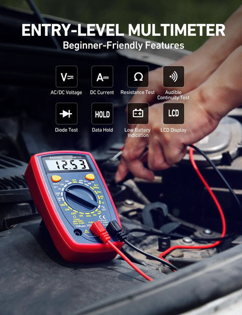 Digital Multimeter 2000 With Backlit LCD Display For Voltage Current Resistance Diode And Continuity Testing Measures AC And DC For Home And Auto Use Blue, being used in a car engine compartment.