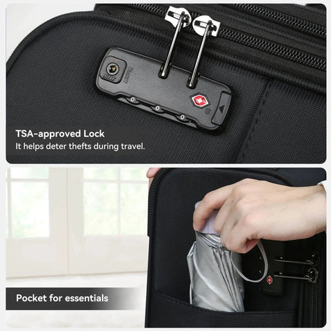 Close-up of TSA lock and pocket on Underseat Carry On Luggage With Wheels Soft Side 16 Inch Travel Bag For Airlines, 30L Capacity
