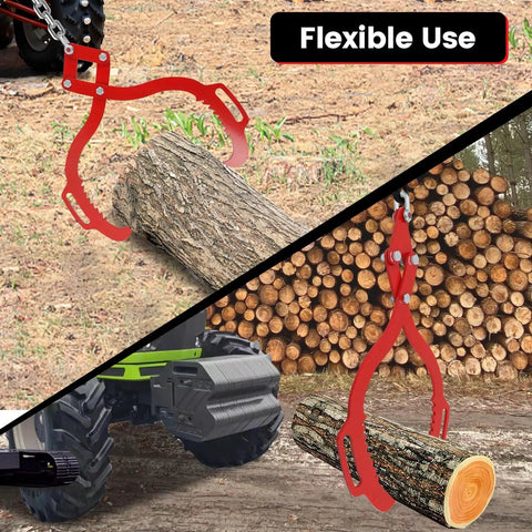 Heavy Duty 28 Inch Log Tongs With Dual Serrated Claws Log Grapple For Lifting Timber Eagle Claw Design 1200 Pound Capacity For Trucks ATVs Tractors And Forklifts Red Powder Coated Steel For Durability And Corrosion Resistance in use with logs and vehicles.