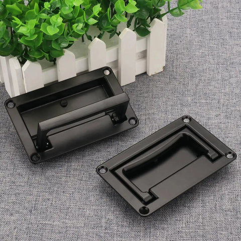 Six Pack Zinc Alloy Recessed Pull Handle 4.4 By 2.7 Inches Flush Lift Door Handle With Spring Mechanism, Black, on gray fabric