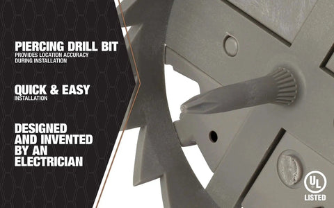 Close-up of Smart Box Shark Tooth Fixture And Ceiling Electrical Box With Hole Saw For Precise Cuts And Quick Install Southwire MSBST250