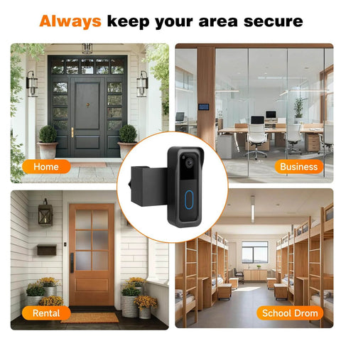 Anti Theft Metal Doorbell Mount With Rain Cover and Blink Video Doorbell shown in home, office, rental, dorm settings.