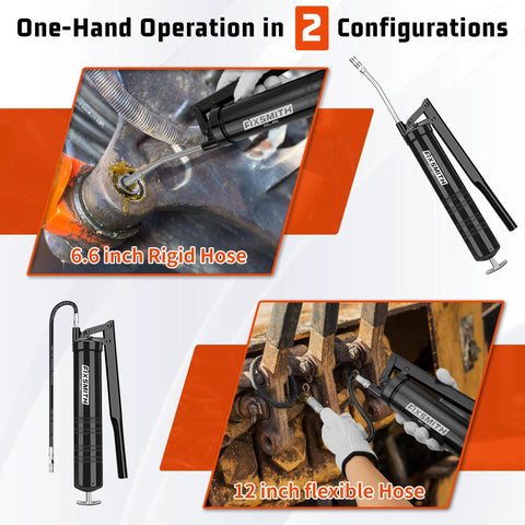 FIXSMITH black lever-action grease gun with 6.6in rigid hose and 12in flexible hose for automotive use