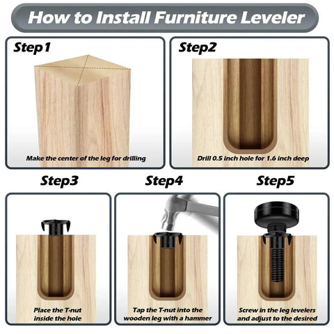 Installation guide for Heavy Duty Adjustable Furniture Leveling Feet Set Ten Pack With T Nut Kit, step-by-step instructions.