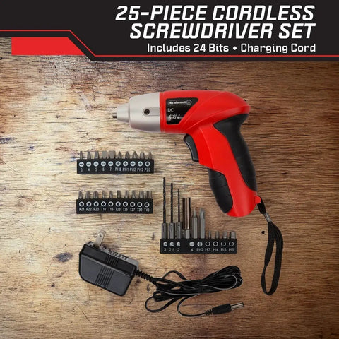 25-Piece Cordless Screwdriver Set With LED Work Light, Automatic Spindle Lock, drill bits, and charging cord in red on wooden surface.