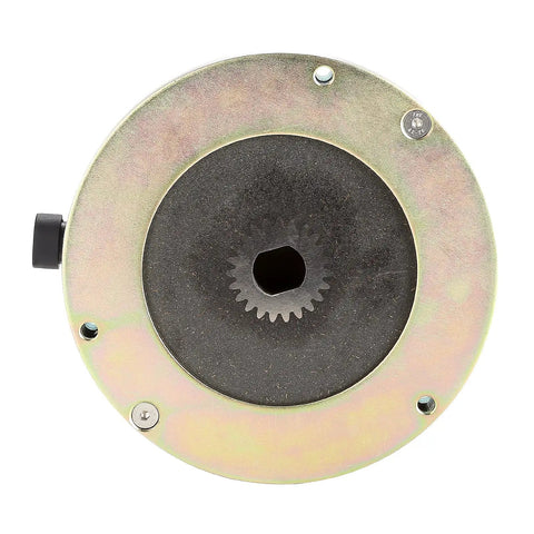 Front view of a round golf cart motor brake for EZGO RXV, gold zinc finish and black spline center