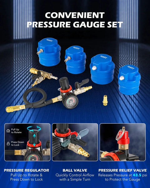 Turbo Boost Leak Tester Kit With Smoke Adapter And 6 Pairs Of Stepped Adapters 1.2 To 3.5 Inches showing pressure gauge set