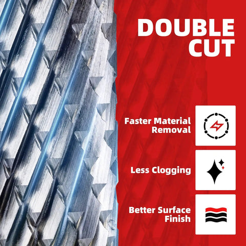 Close-up of Double Cut Tungsten Carbide Rotary Burr Bit SB-5 For Metalworking With One Quarter Inch Shank And One Half Inch Cutter Diameter Two And Three Quarter Inches Total Length Pro Grade Die Grinder Bit Includes Durable Storage Case EZARC, highlighting sharp cutting edges and benefits diagram for metalworking efficiency.