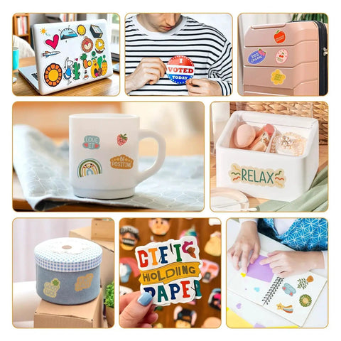 Collage of objects with stickers, including laptop, mug, and suitcase, showcasing Printable Vinyl For Inkjet And Laser Printers Matte White Waterproof Sticker Paper 8.5 By 11 Inches 40 Sheets Great For DIY Labels Decals Cards And Scrapbooking Projects.